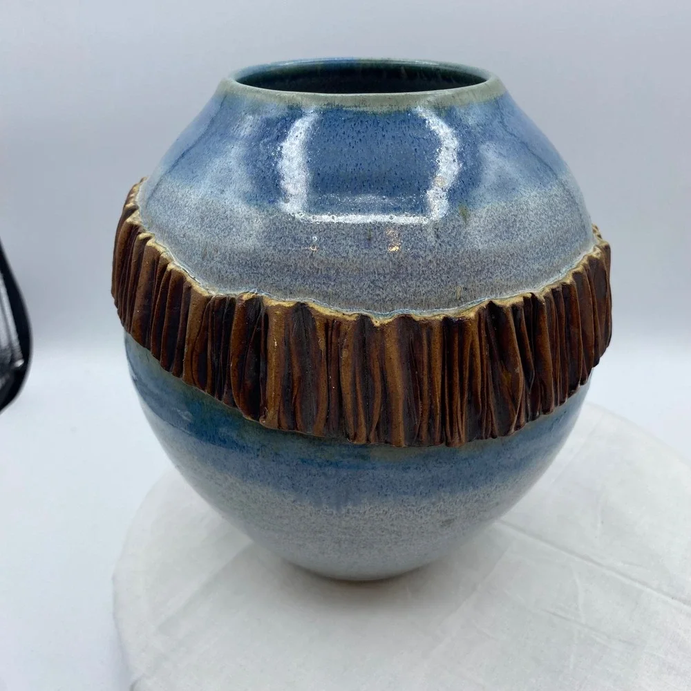 Studio Pottery Blue Speckled Globular Vase Textured Brown Band Artist Signed 8
